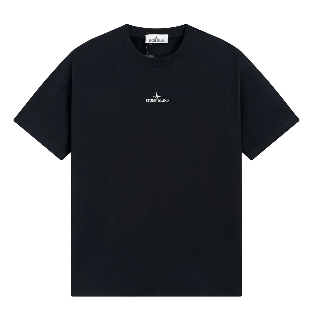 W609#P110💰 Stone Island compass big logo on the back logo printed short-sleeved men's and women's loose casual T-shirt Made of 260g combed cotton 32-count double yarn, double thread and two needles to press the thread, no deformation after long-term washing, imported 3D printing, no fading, no cracking, genuine pattern making, double tag wash, original packaging, color: black - white, size M - XXL